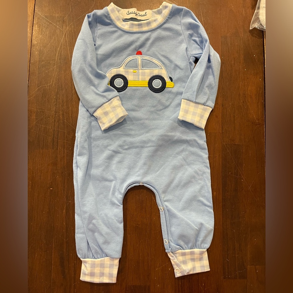 Light Blue Baby Romper with Car Applique